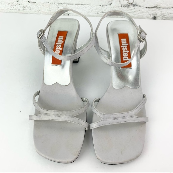 Unlisted Satin Grey Square Toe 90s Slingback Ankle Mini Heels 6 - Picture 2 of 12